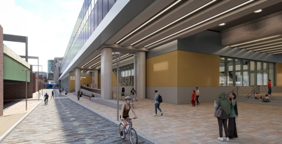 Visualisation showing showing a side entrance to the new Curzon Street station and service road
