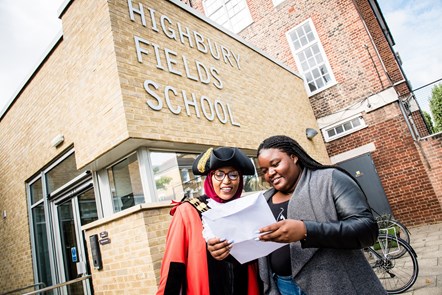 A-levels results day at Highbury Fields School - the Mayor of Islington Cllr Rakhia Ismail with student Iris Britwum
