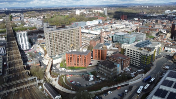 Stockport receives £56m to accelerate the UK's largest town centre regeneration: Drone town centre-2