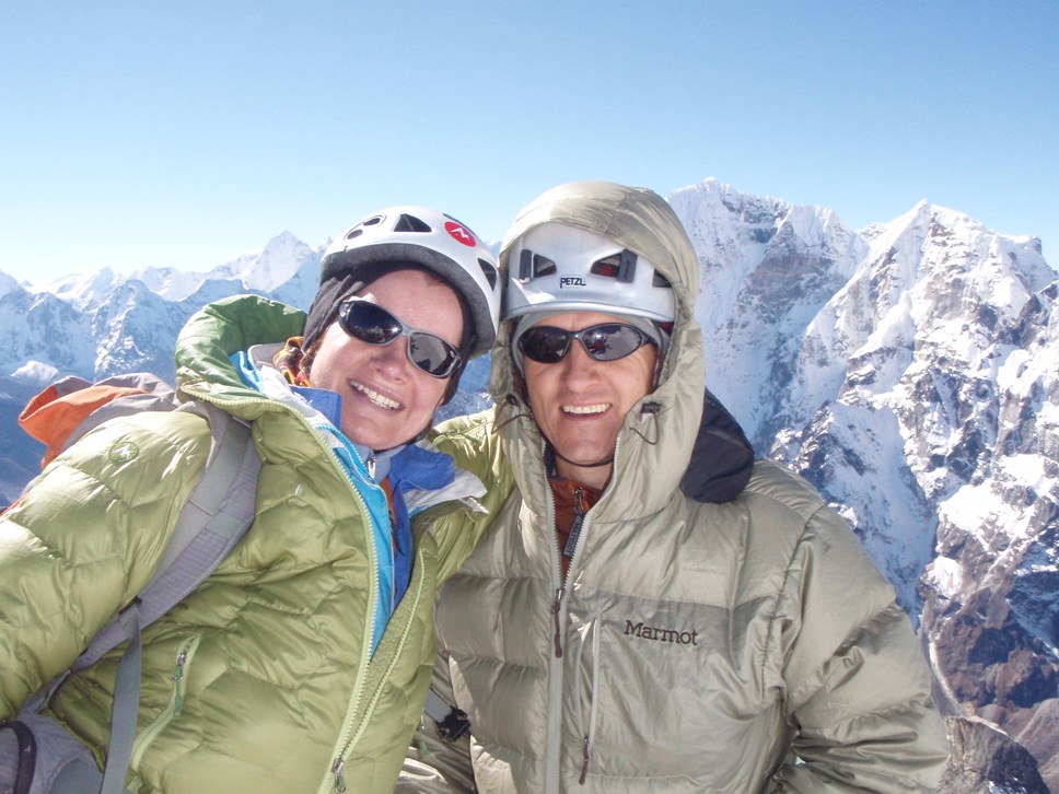 Pauline and Phil Sanderson on Lobuje East with Mount Everest in the background