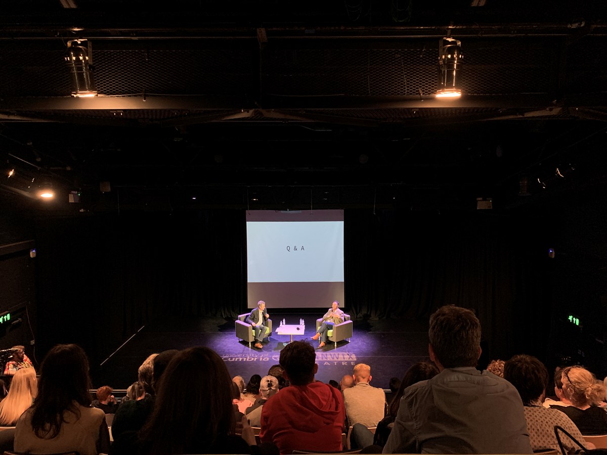 'On Location – An Evening with Mally Chung’ 
(l-r) University of Cumbria Institute of Arts principal lecturer Michael Mitchell in conversation with Mally Chung, a university Honorary Fellow and former media student who is now a location manager working on major movies and landmark TV series. - 15 Ma