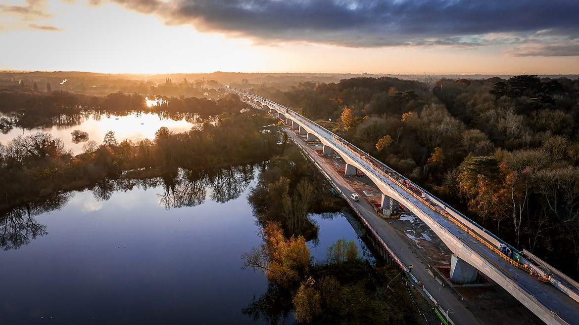 HS2 - new images showing construction progress of Britain's longest rail bridge: Aerial view of HS2's Colne Valley Viaduct at sunset 6