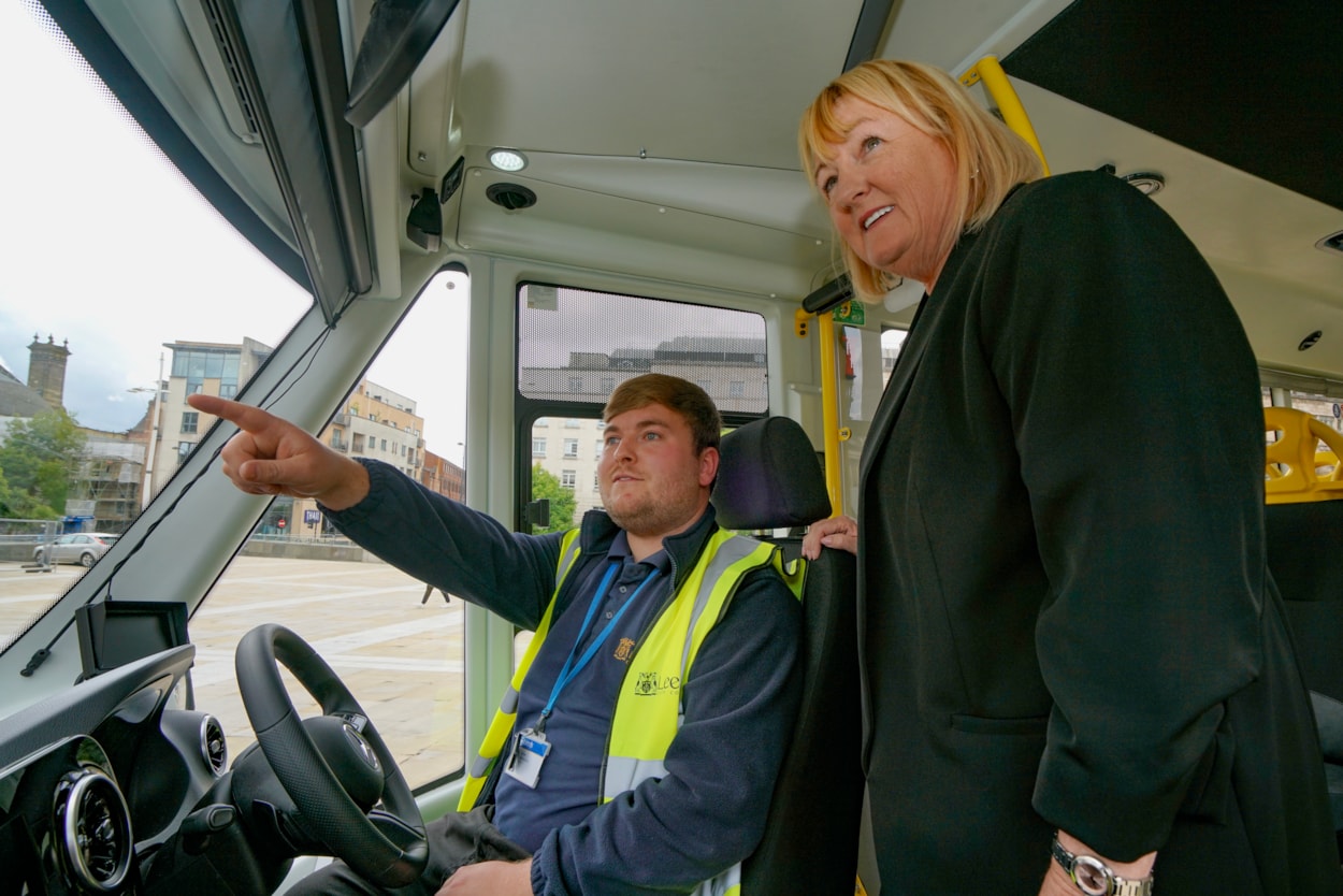 Minibuses 4: Leeds City Council passenger transport driver Adam Butterfield and Councillor Debra Coupar (Leeds City Council’s deputy leader and executive member for resources) on board one of the new Treka Mobility+ minibuses.