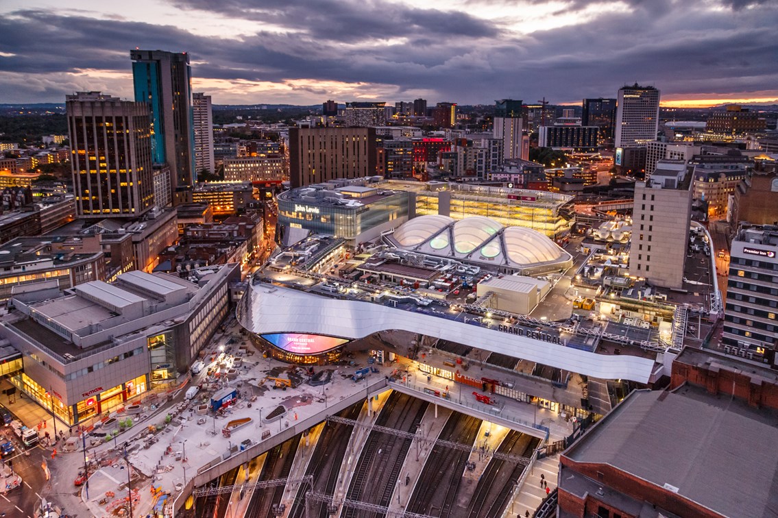 Redeveloped Birmingham New Street station is supporting record growth for the city: Birmingham New Street at dusk