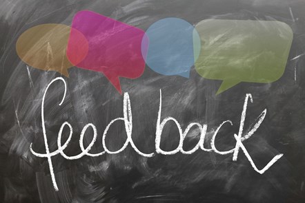Feedback: Copyright-free image from Pixabay, with the word feedback on a blackboard background and  speech boxes.