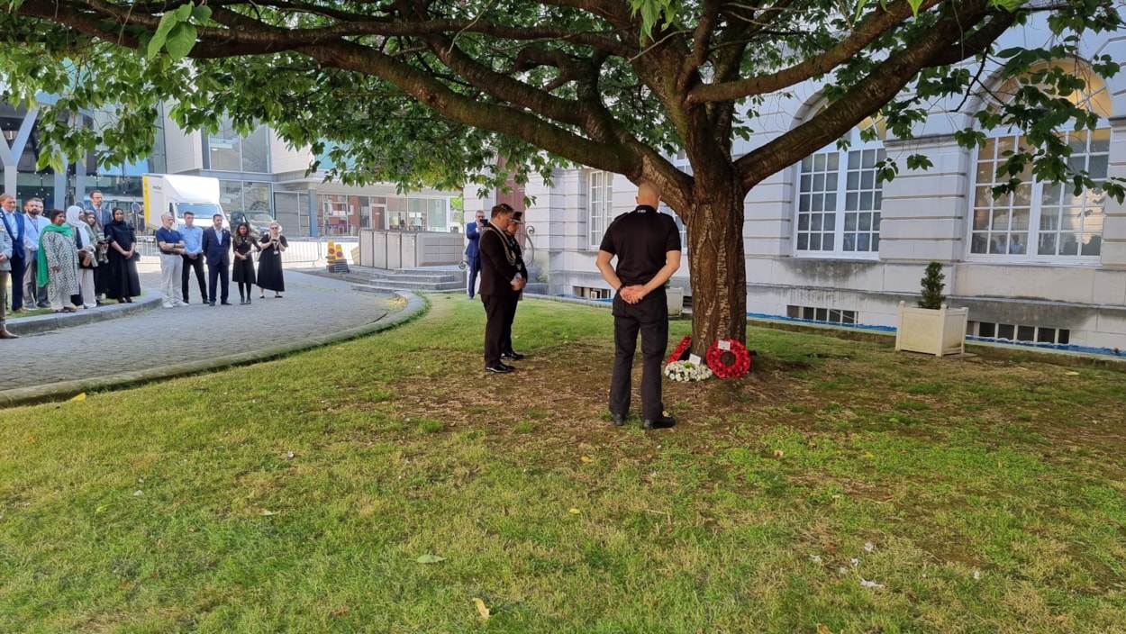 Srebrenica memorial wreaths: Wreaths laid at base of tree outside Leeds Civic Hall in memory of lives lost at Srebrenica