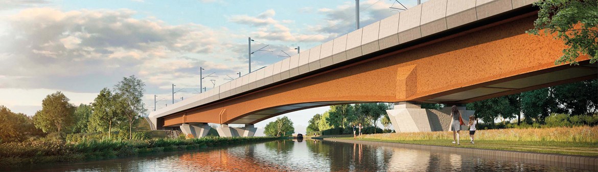 New plans for wetland habitats around HS2’s Birmingham and Fazeley Canal viaduct: Artist impression of Birmingham and Fazeley Canal Viaduct - view from NW