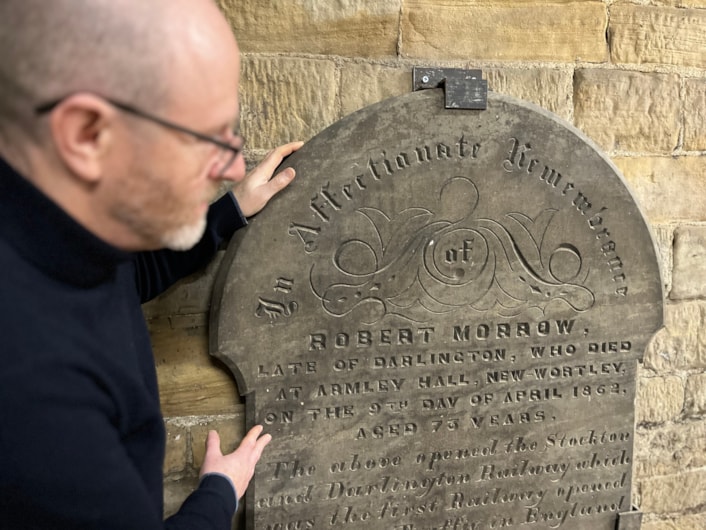 Robert Morrow's grave: During recent renovation work at Leeds Industrial Museum in Armley, curators happened upon the beautifully carved gravestone of Robert Morrow, more than 160 years after his death in nearby New Wortley. Curator John McGoldrick is picture here with the headstone.