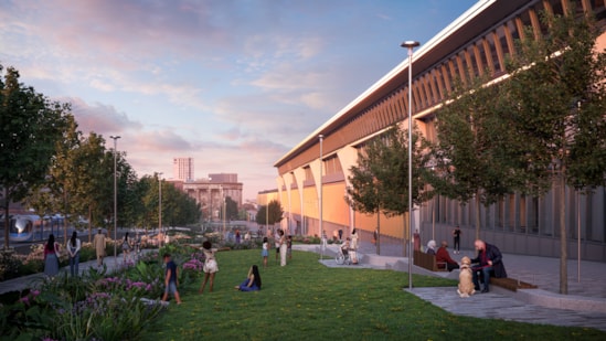 Visualisation showing the landscaped terraces that will run along the side of the new Curzon Street station: Visualisation showing the landscaped terraces that will run along the side of the new Curzon Street station