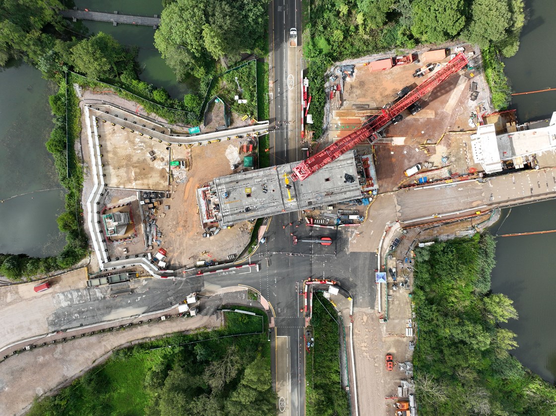 Colne Valley Viaduct over Moorhall Road 3: Work has been completed on a key 40 metre span over Moorhall Road, Harefield, that will form part of HS2's record-breaking Colne Valley Viaduct - the longest rail bridge in the UK.