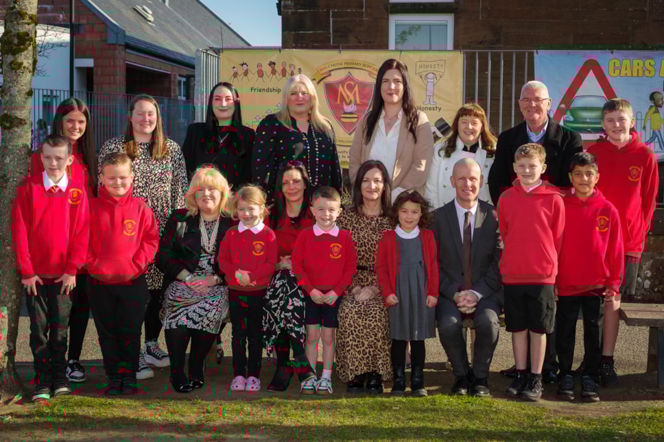 Cllr Cowan with HT Mrs Davidson, Cllrs Leitch, Simmons and Lennox, Linda McAulay-Griffiths and children and young people from Mauchline Primary and ECC
