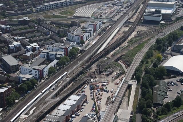 Bermondsey Dive Under from the air: At the start of demolition for Thameslink, this is the Bermondsey Dive Under site from the air. The viaduct and rail line in the middle of the two main routes have now almost completely gone