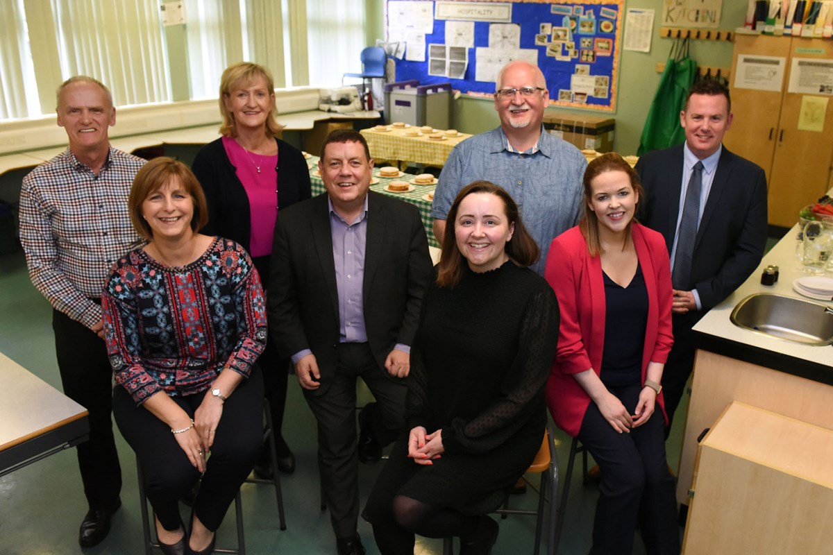 Councillor Douglas Reid with fellow judges Andrena Reid, Graham Vincent, Lorna Graham and Andrew Johnston, Headteacher Scott Robertson and Depute Head