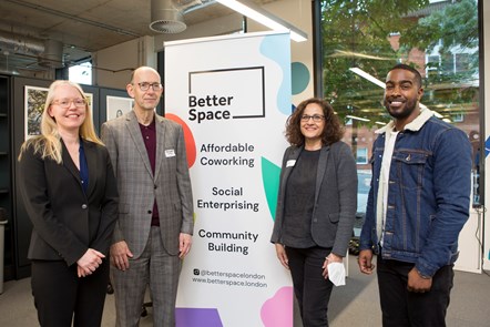 Picture of Catherine McClen (BuddyHub); Professor Anthony Finkelstein (City, University of London); Cllr Asima Shaikh (Islington Council) and Joel Davis (Tutors United) at the launch of Better Space affordable workpace