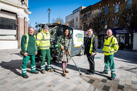Islington's new Aquazura pavement washer with council staff and Cllr Claudia Webbe, Islington's executive member for environment and transport (centre)