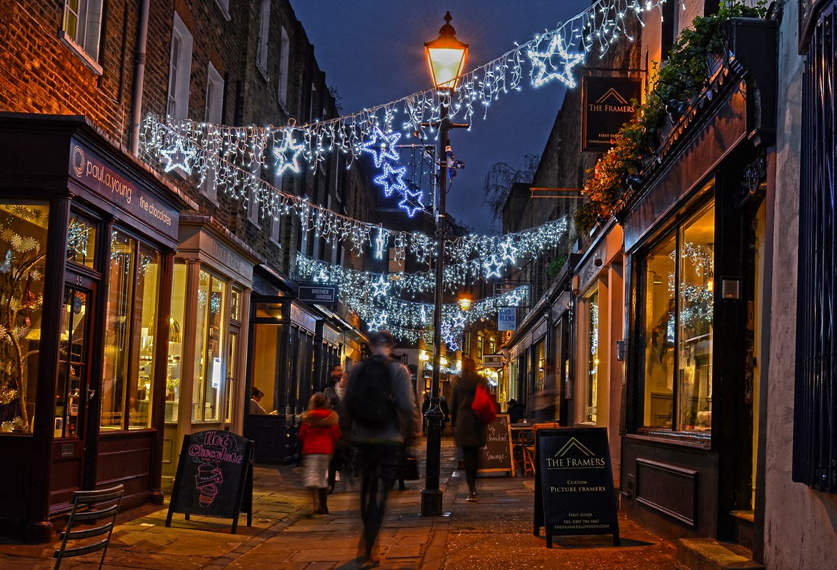 Camden Passage, Islington lit up with festive lights Islington