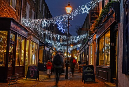 Camden Passage, Islington -lit up with festive lights