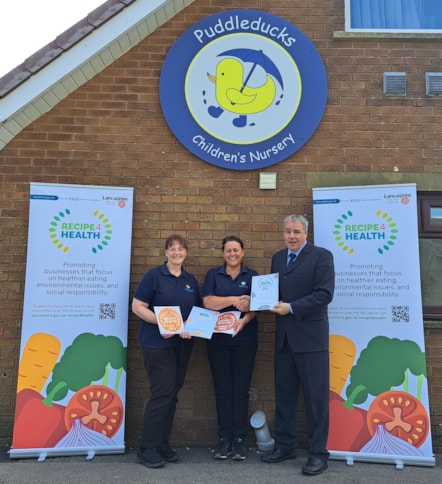 From left: Puddleducks Children's Nursery staff Clare Wilson and Joanne Earnshaw accept the Awards from Jamal Dermott, Recipe 4 Health lead at Lancashire County Council
