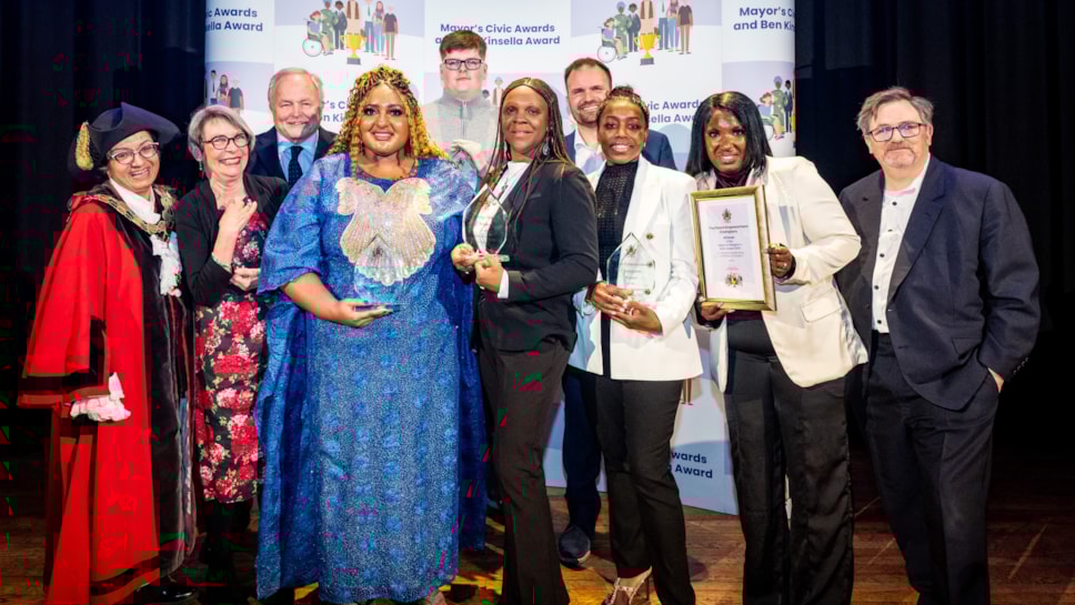 Mayor's Civic and Ben Kinsella Award Winners and the winner of the Mayor’s Award for Outstanding Service to Islington 2025 - alongside the Mayor of Islington and sponsors