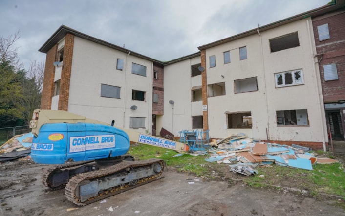 Kingsdale 7: Demolition work at the former Kingsdale Court flats complex in Seacroft, Leeds. The work is being carried out for Leeds City Council by demolition contractor Connell Brothers Ltd.