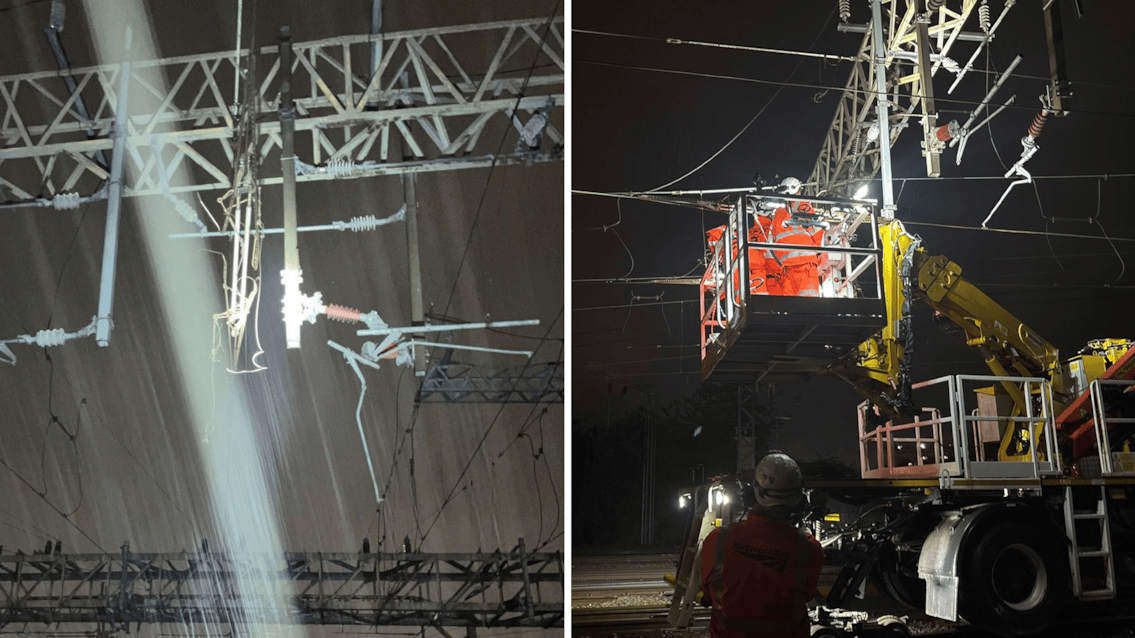 Railway reopen after overnight overhead line damage in Stockport: OLE damage at Stockport and subsequent repairs