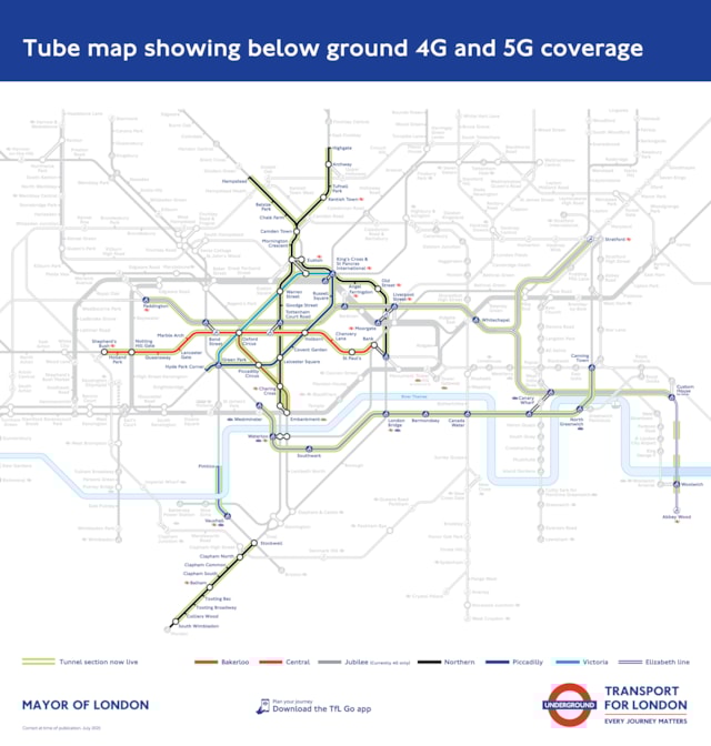TfL Image - Tube map showing below ground 4G and 5G coverage, July 2025