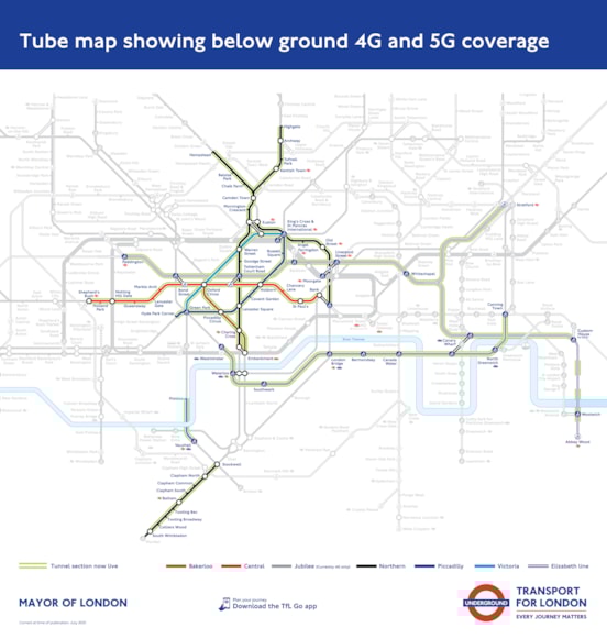 TfL Image - Tube map showing below ground 4G and 5G coverage, July 2025
