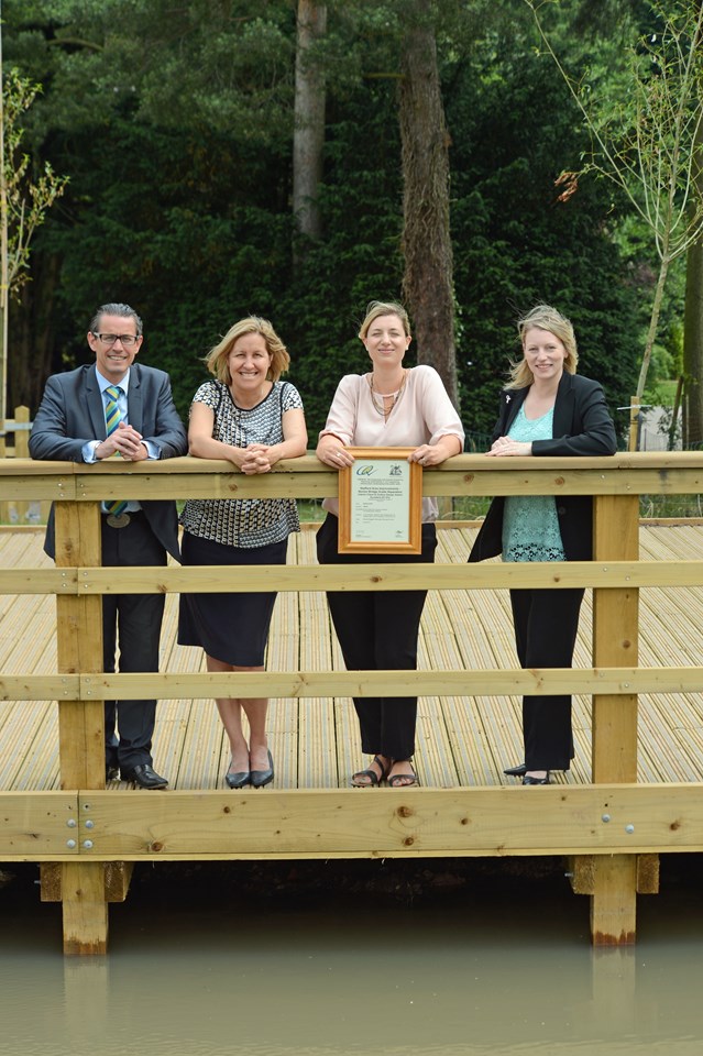 CEEQUAL Interim award, picture 1: L-R, Staffordshire Alliance Manager Dominic Baldwin, Network Rail’s Route Managing Director (LNW) Dyan Crowther, Environmental Manager Lucie Anderton and CEEQUAL verifier Rachel Waggett