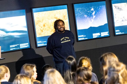 Wildlife cameraman and presenter Hamza Yassin met children from Edinburgh's Bun Sgoil Taobh Na Pairce (Parkside Primary School) at the opening of the new exhibition, Wildlife Photographer of the Year, which opens on Saturday 20 January at the National Museum of Scotland. Image © Duncan McGlynn