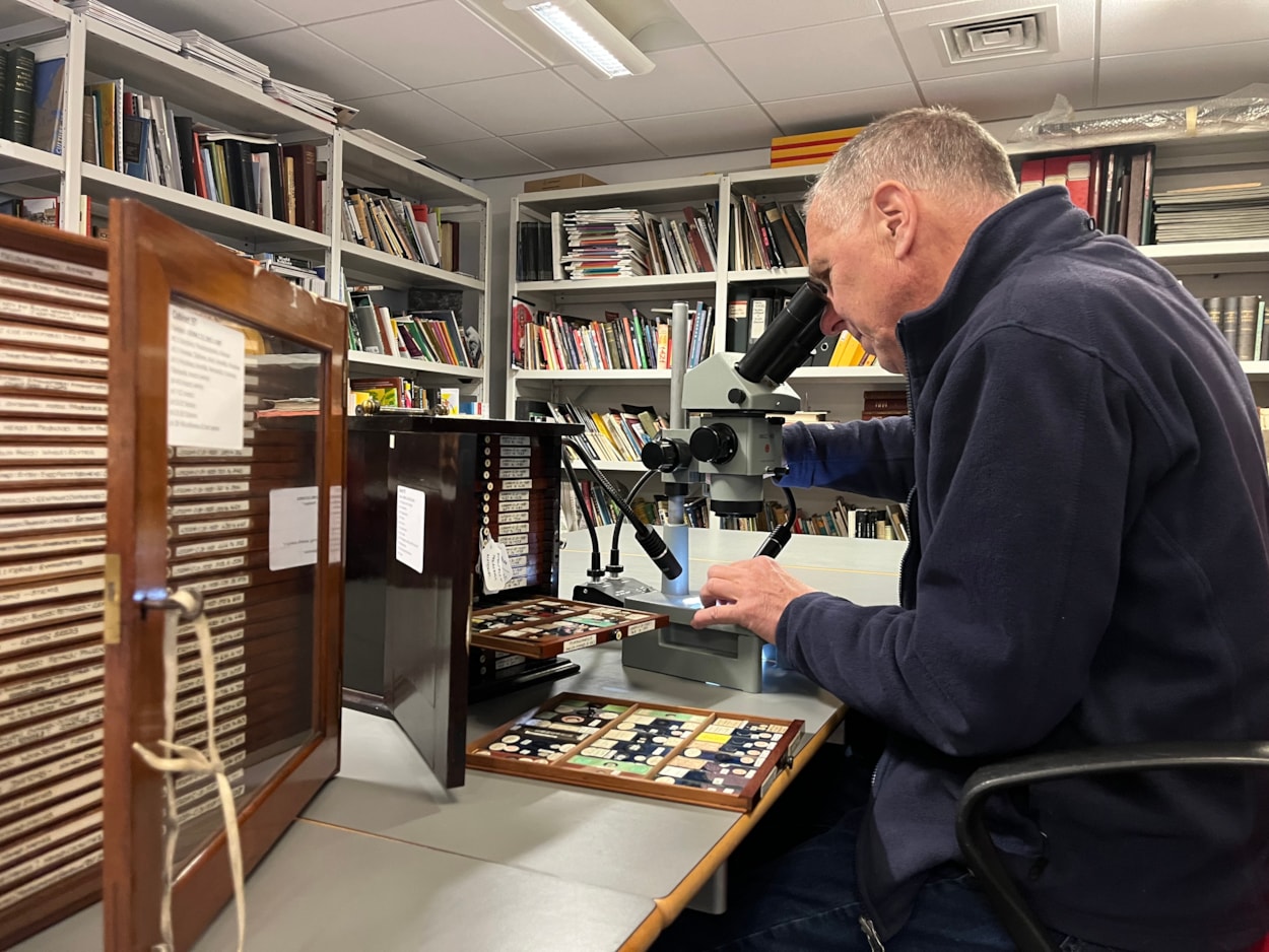 Microscope slides: Volunteer Stephen Crabtree uses a microscope to study the slides at the Leeds Discovery Centre.
Stored in small, wooden trays, the collection is thousands strong and is being painstakingly reviewed as part of a volunteer project.