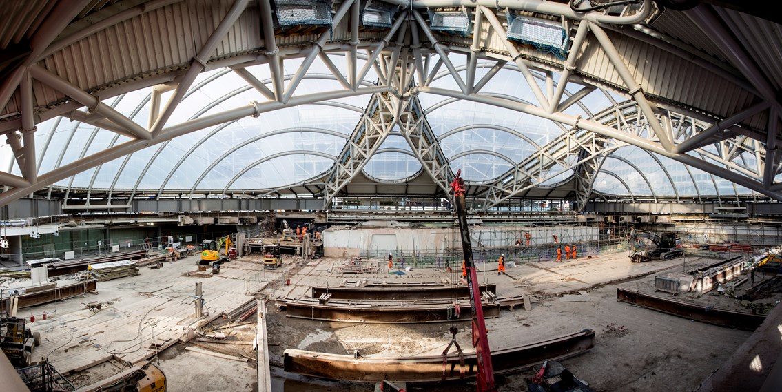 A panoramic view of the new atrium at Birmingham New Street station