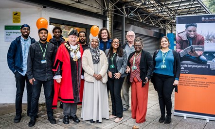 Staff and partners pictured outside Corker Walk youth employment hub alongside Mayor Gary Heather and Councillor Santiago Bell-Bradford, Inclusive Economy and Jobs