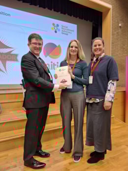 Kenny Boyle, CEO, PeoplePlus, Helen Longfils, Group Director of Social Value, Mitie and Mollie Green, Head of Mitie Foundation pictured at a PeoplePlus event where Mitie was named SRAG Ambassador for inclusive recruitment