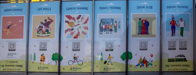 Polly's Place Training courses, Camberley station: Information boards advertising the different training courses available at The Training Room's at Camberley station