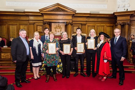 The 2018 winners of Islington’s Civic Awards and the Ben Kinsella Award George and Debbie Kinsella, the parents of Ben Kinsella; Ramzy Alwakeel, editor of the Islington Gazette; civic award winner Linda Brown; civic award winner Kathy Green; Ben Kinsella award winner Artur Ahmati; civic award winner Rosey Lyall; Cllr Una O'Halloran, the Mayor of Islington; Cllr Richard Watts, leader of Islington Council