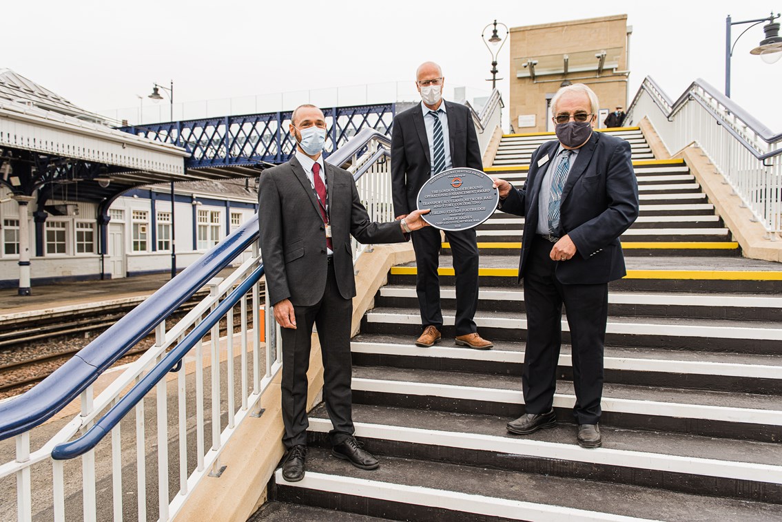 Heritage award plaque unveiled at Stirling station: LtoR Alastair Macfarlane Network Rail John Macarthur MD Story Scotland Theo Steel Chair NRHA 