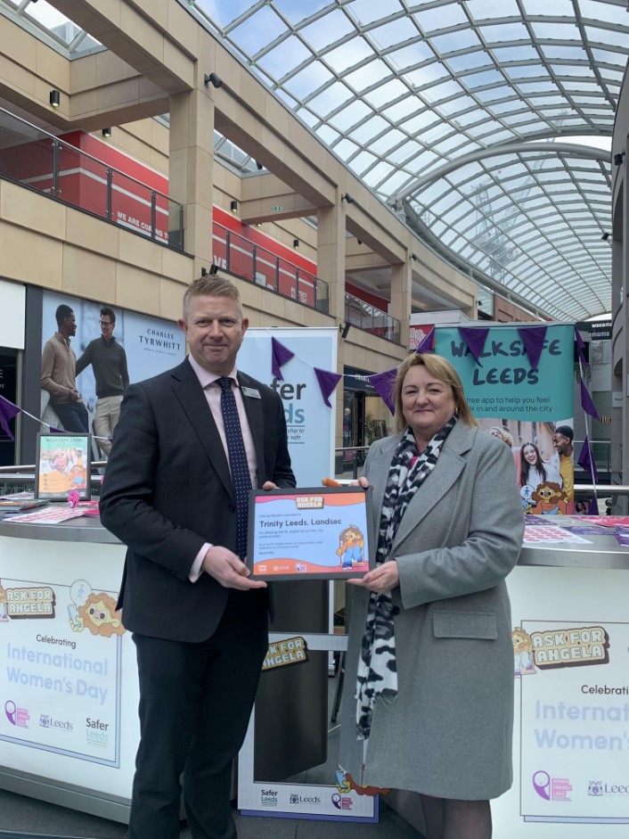 Steven Foster and Councillor Debra Coupar: A participating certificate was presented to Trinity Leeds.