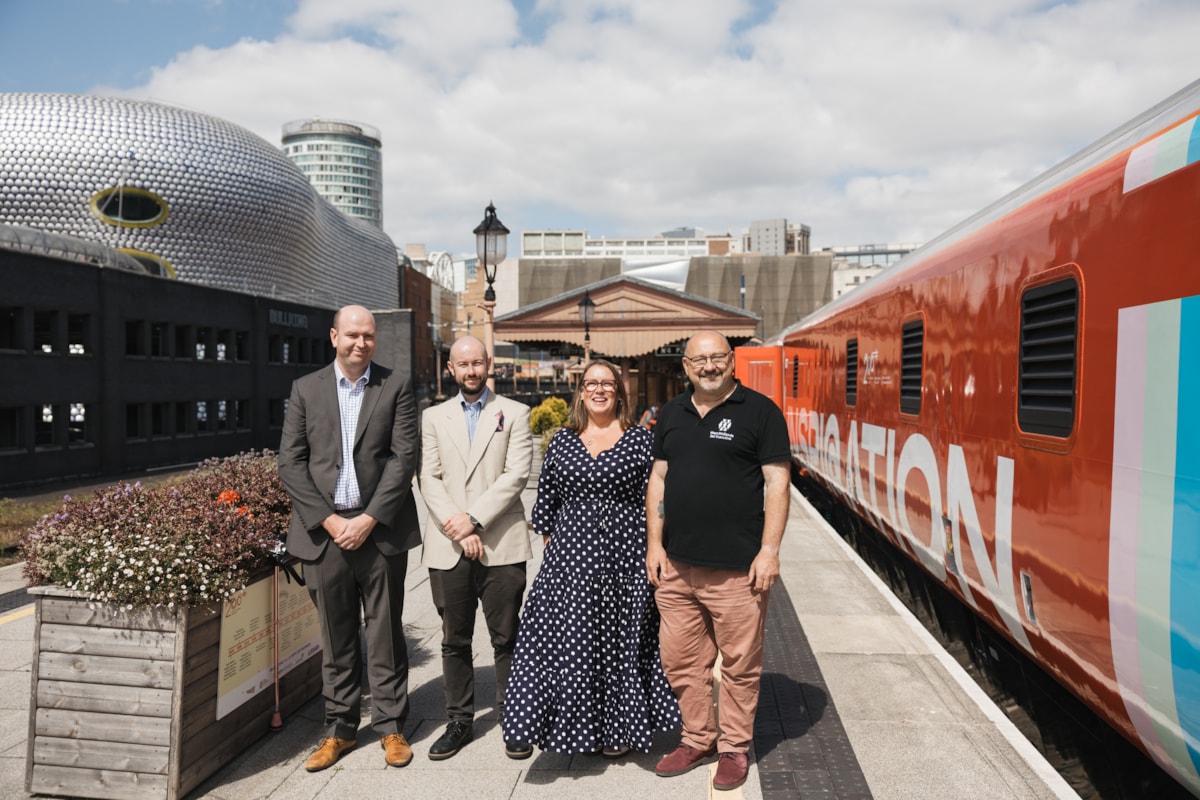 Andrew Clark (Midlands Connect), Jack Pickering (Network Rail), Lisa Mack (Chiltern Railways) and Toby Rackliff (West Midlands Rail Executive) with the Inspiration train at Birmingham Moor Street