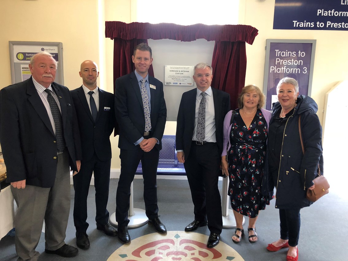 Great North Rail Project to provide passengers with better access at Kirkham & Wesham station: L-R Cllr Tony Ford, Geoffrey Jerome - Northern, Andrew Morgan - Network Rail, Mark Menzies MP, Cllr Linda Nulty, County Cllr Liz Oades