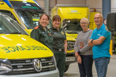 NEAS paramedic Rachael Hewitt and clinical care assistant Emma Newton with Paul and Alyson Durham