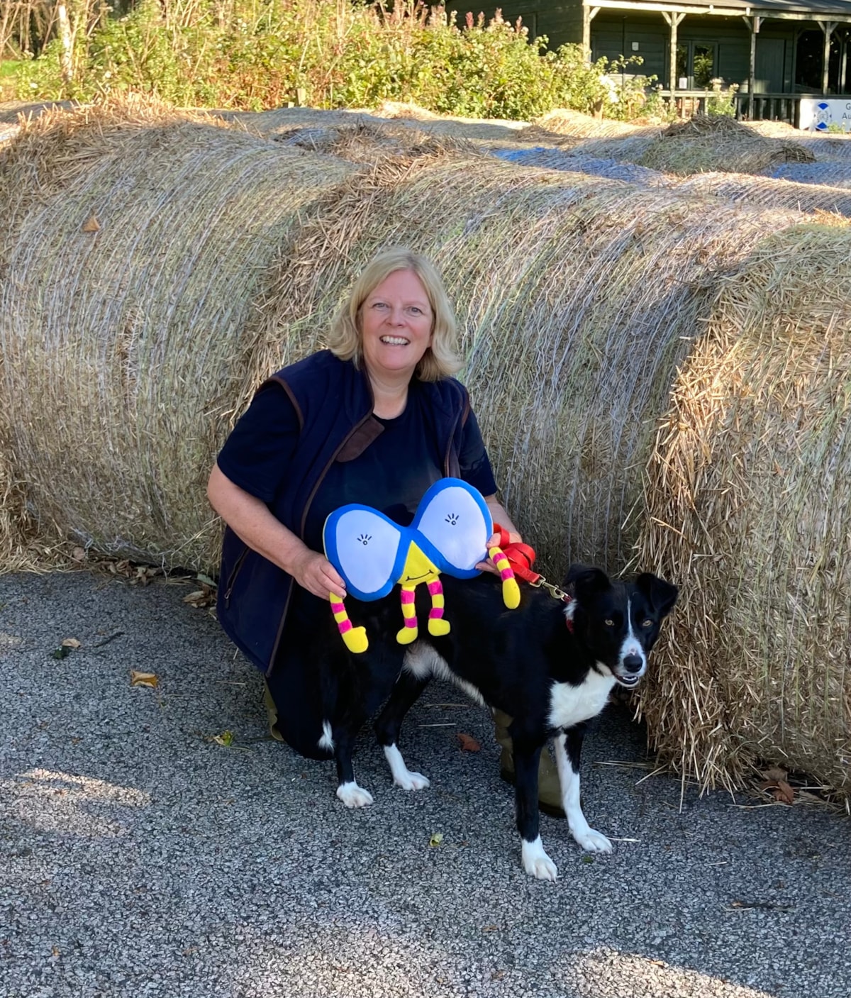 Farmer Ali and collie Pip with Maths Week Scotland mascot Finn Finity. Photo (c) RHET