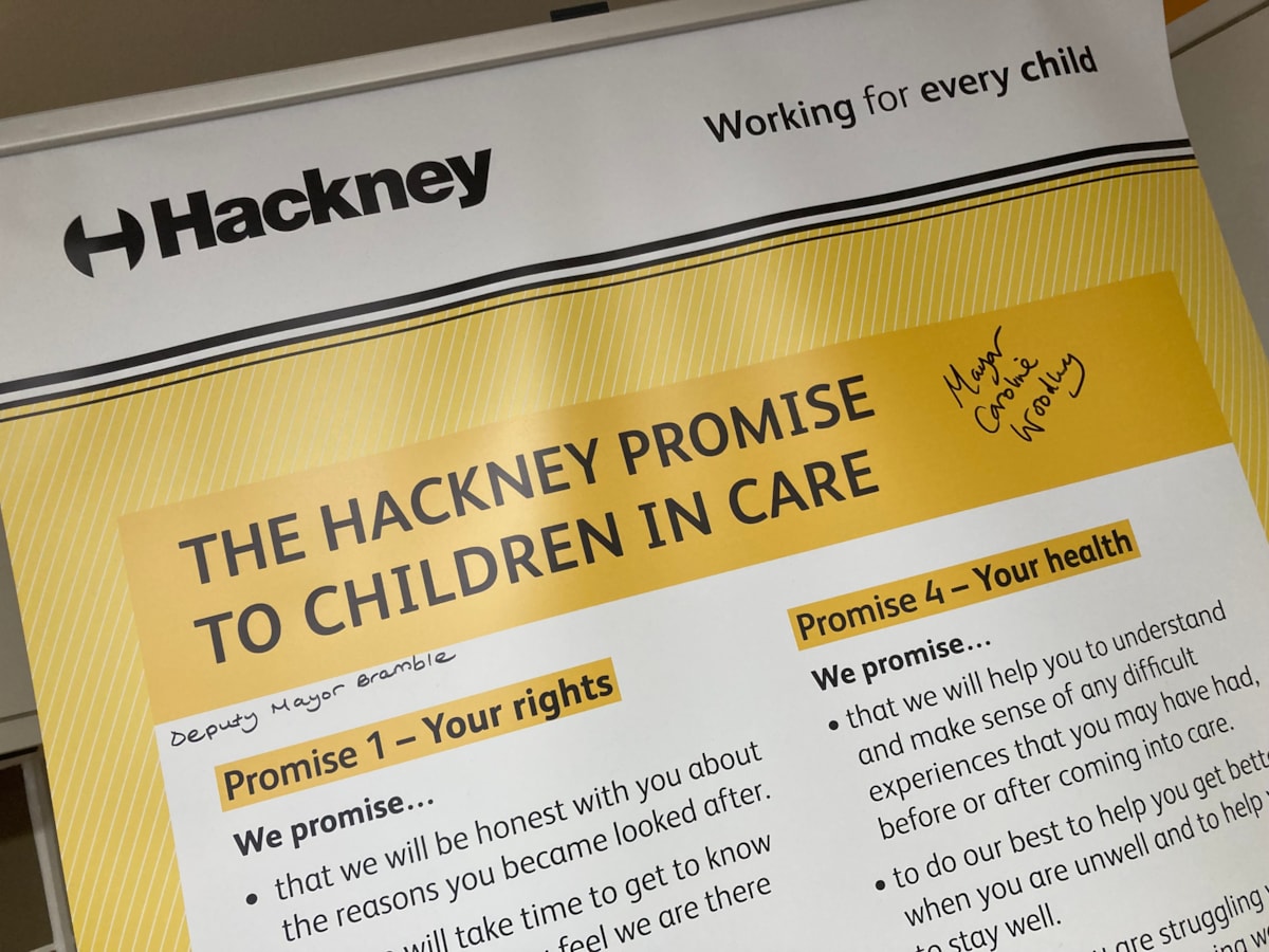 A close-up of a banner outlining The Hackney promise to children in care