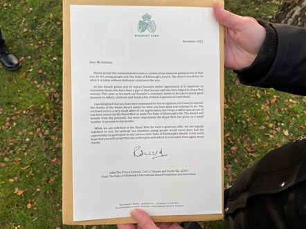 Karen Delaney's letter of recognition from HRH The Earl of Wessex