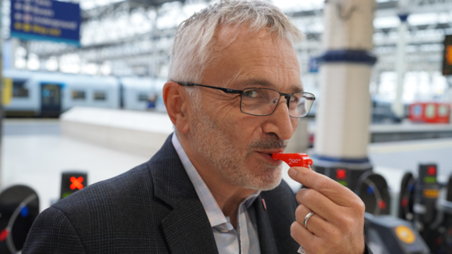 Global ‘whistle-up’ on New Year’s Day signals start of rail’s 200th anniversary: Network Rail’s acting chair Mike Putnam practises for the Railway 200 Whistle-Up at 12 noon on New Year’s Day (credit Railway 200)