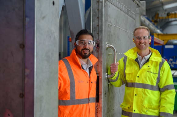20260412 - Booth Industries MD, Mike Jenkinson (in yellow), and HS2 Ltd Head of Rail Systems Delivery, Qasir Raza at the cross-passage door factory in Bolton-5