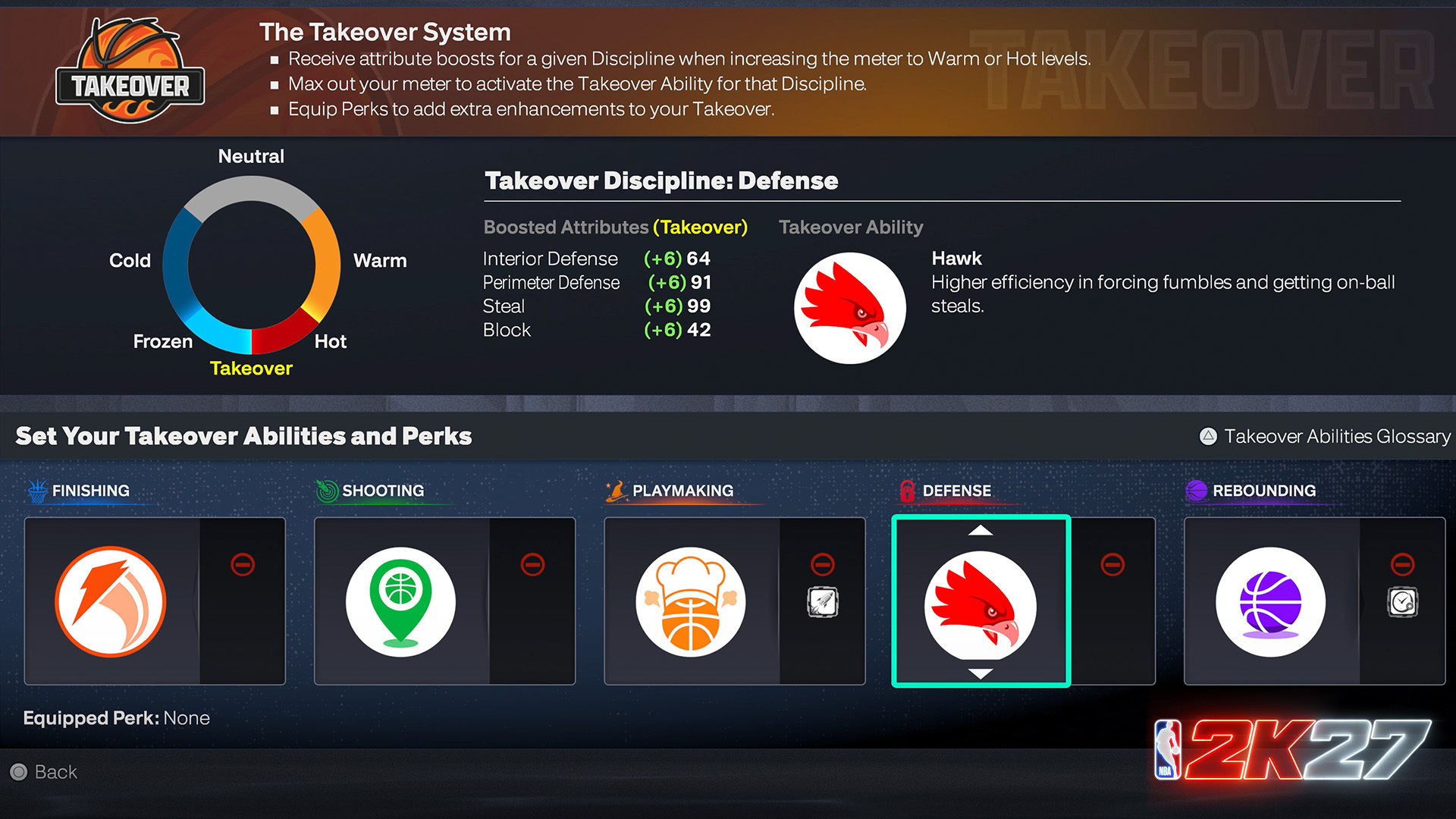 NBA 2K27 Takeover System screen showing the Frozen to Hot meter and the Hawk Defense ability