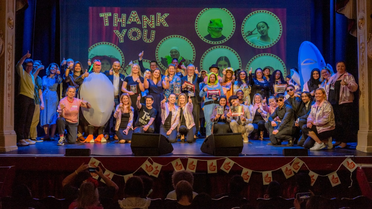 Child Friendly Leeds 2024: winners and sponsors: All the winners and sponsors of the Child Friendly Leeds Awards on stage at Leeds City Varieties Music Hall. Credit: Robling Photography