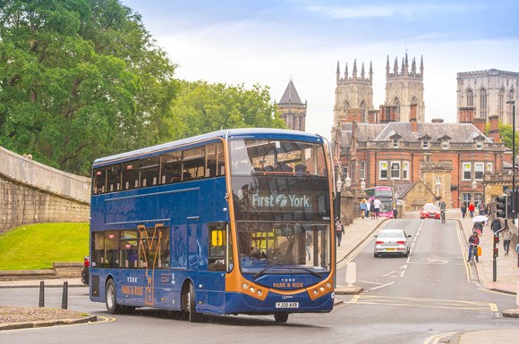 Metrodecker EV in York with Minster behind