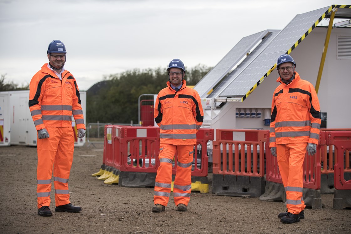 Solar cabins visit  HS2 Minister Andrew Stephenson September 2020: (also pictured: GAP Group Regional Operations Director James Anderson, HS2 Environment Director Peter Miller)