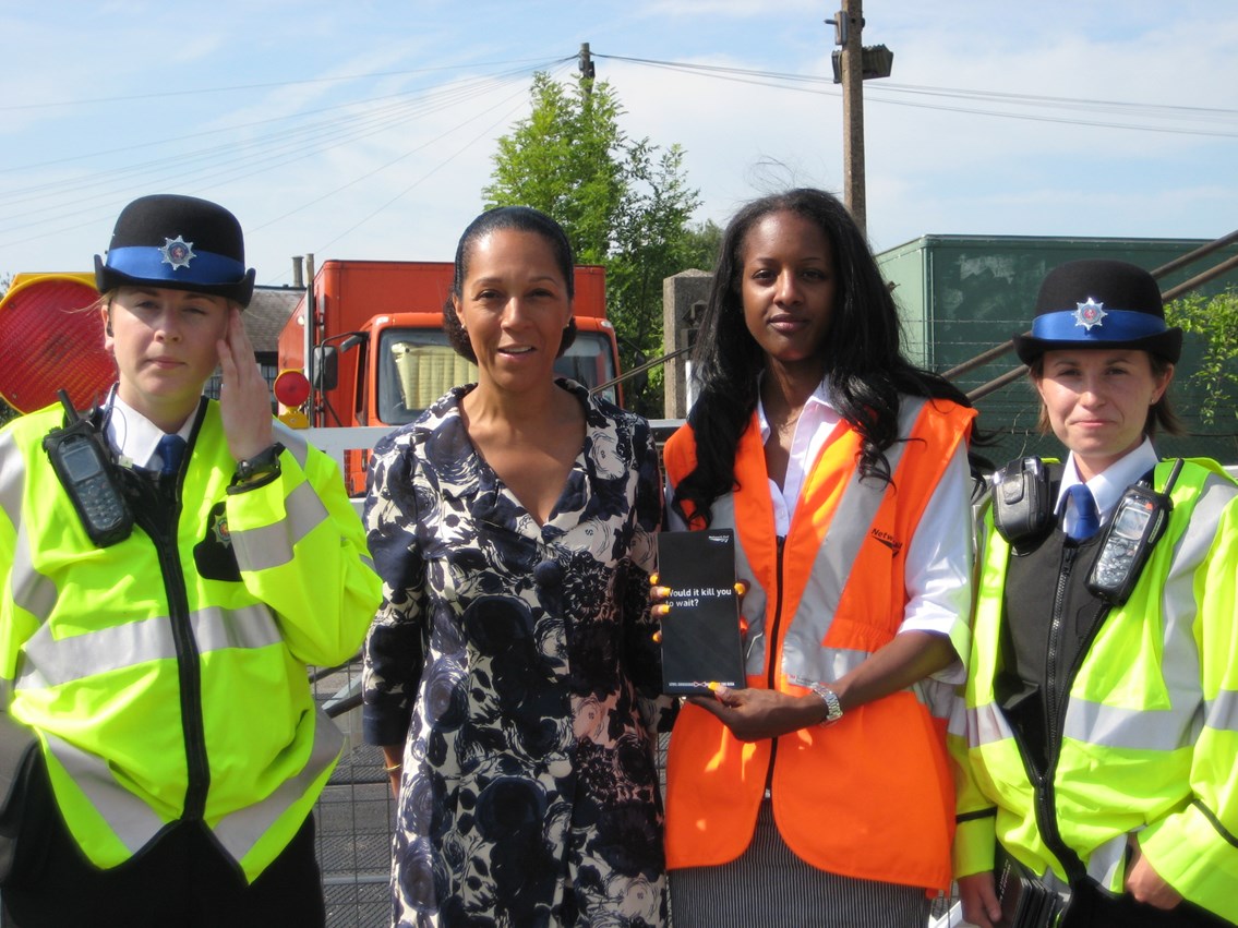 Wateringbury Level Crossing Day of Action: (From Left) PCSO Siobhan de Burca, Kent Police, Helen Grant, Conservative paliamentary candidate for Maidstone and the Weald; Anne-Marie Batson, community safety manager, Network Rail; PCSO Jo Watts, Kent Police.